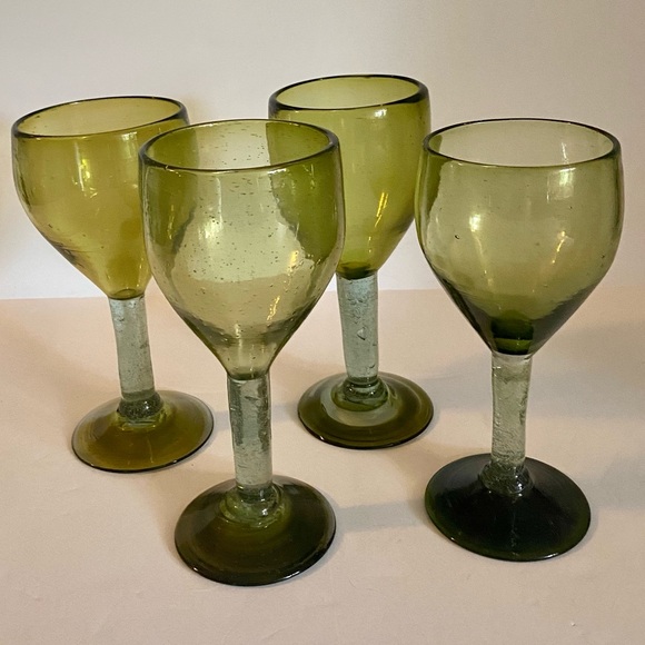 4PC Vintage handblown Mexican Glass Wine Glasses.Each varies in size and color.